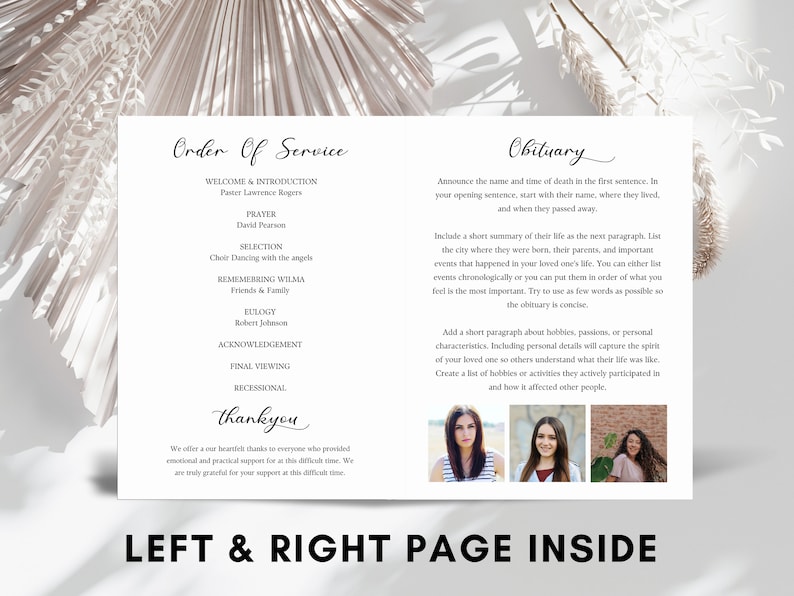 Może przedstawiać: Czarno-biały szablon programu pogrzebowego z kolejnością ceremonii na lewej stronie i nekrologiem na prawej stronie. Program zawiera sekcję powitania i wprowadzenia, modlitwy, wyboru, wspomnień, panegiryku, podziękowań, ostatniego pożegnania i uroczystego zakończenia. Sekcja nekrologu zawiera instrukcje dotyczące pisania nekrologu.