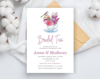 Floral Bridal Tea Invitation Template, Editable Canva Invite (5x7)