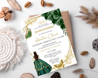 Emerald Green and Gold Quinceanera Invitation Template (Digital Download)