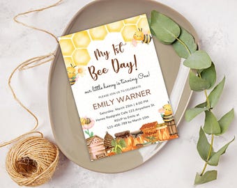 Bee 1st Birthday Invitation Template: Editable Honeycomb Design (PDF)