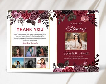 May include: A burgundy and white thank you card with a floral design. The card includes a photo of a woman and the text "In Loving Memory" and "Rachelle Smith".