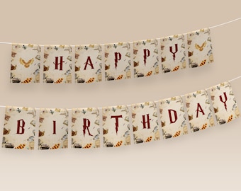 Może przedstawiać: Baner z motywem Harry'ego Pottera, z brązowym tłem i ilustracjami różnych przedmiotów z Harry'ego Pottera. Baner głosi "Happy Birthday" czerwonymi literami.