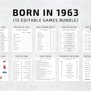 60歳の誕生日ゲームセット、1963年のトリビア、編集可能なパーティーアクティビティ（Canvaテンプレート）