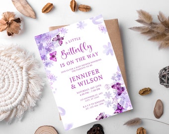 Schmetterling-Babyparty-Einladungsvorlage, lila Blumen einladen (digitaler Download)