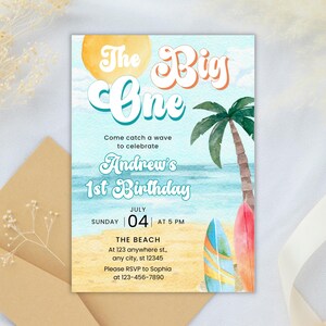 The big One Surf 1st Birthday Party Invitation Template, Boy The Big One Surfing Birthday Invite, Retro Boy Surfboard Beach Party Invite