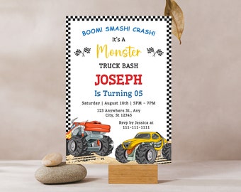 May include: Monster truck birthday party invitation with a black and white checkered border. The invitation says "BOOM! SMASH! CRASH! It's a Monster Truck Bash Joseph is turning 05. Saturday, August 18th, 5PM-7PM, 123 Anywhere St., Any City, St 12345. RSVP by Jessica at 111-111-1111".