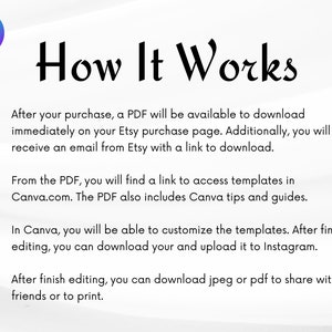 May include: A white background with black text explaining how to use Canva templates. The text includes numbered steps and instructions for downloading, editing, and sharing templates.