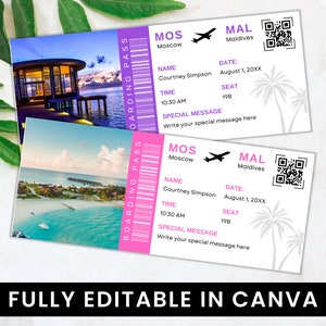 Modello Canva della carta d&#39;imbarco modificabile, viaggio a sorpresa del biglietto aereo stampabile, carta regalo biglietto aereo personalizzabile, carta d&#39;imbarco a sorpresa