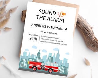 Editable Fire Truck Birthday Invitation, Canva Template (PDF)
