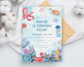 Under The Sea Birthday Invitation Template, Ocean Animals Party Invite (Digital Download)