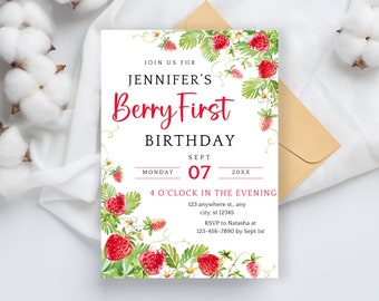 May include: A white invitation card with a red and green strawberry design. The text on the card reads "Join us for Jennifer's Berry First Birthday, Monday Sept 07 20XX, 4 o'clock in the evening, 123 anywhere st., any city, st 12345, RSVP to Natasha at 123-456-7890 by Sept 1st."