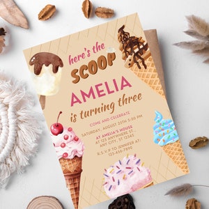 Editable Ice Cream Birthday Invitation Template, Ice Cream Social Party Invite, Here&#39;s The Scoop Pink Mint Party, Girl Birthday Printable