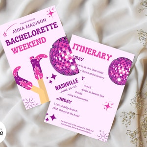 Disco Cowgirl Bachelorette Weekend Itinerary, Bachelorette Weekend Template, Retro Invitation, Printable Pdf