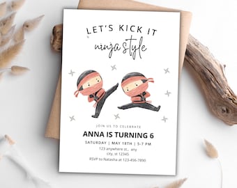 Ninja Birthday Girl Invitation, Ninja Birthday Invitation, Editable Ninja Warrior Party Invitation Template, Karate Boys Birthday Invite