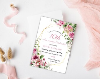 Greenery Floral 10th Anniversary Invitation Template (Editable, Printable)