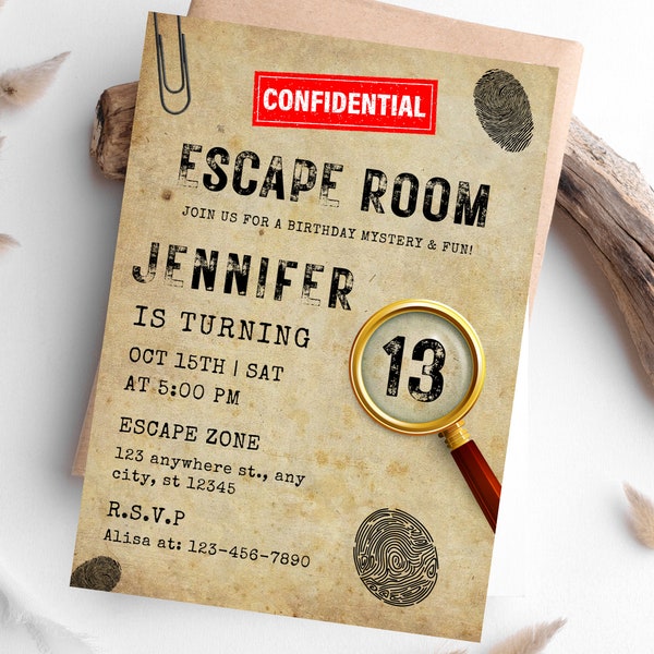 Plantilla de invitación de cumpleaños de Escape Room, invitación editable a fiesta de Escape Room, fiesta de Escape Room para niñas y niños, fiesta de cumpleaños misteriosa