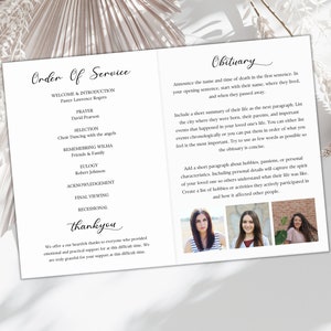 Może przedstawiać: Czarno-biały program pogrzebowy z kolejnością ceremonii i nekrologiem. Program zawiera zdjęcie zmarłego i podziękowanie.