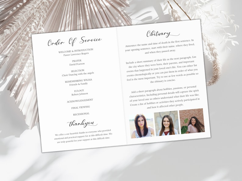 Może przedstawiać: Czarno-biały program pogrzebowy z kolejnością ceremonii i nekrologiem. Program zawiera zdjęcie zmarłego i podziękowanie.