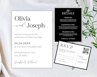 Minimalist Wedding Invitation Template with QR Code (Digital Download)