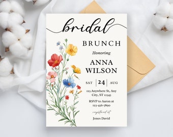 May include: A white card with a floral design and the text "bridal brunch honoring Anna Wilson Sat 24 Aug 123 Anywhere St, Any City, ST 12345 RSVP to Aaron at 123-456-7890 registered at Jones David"