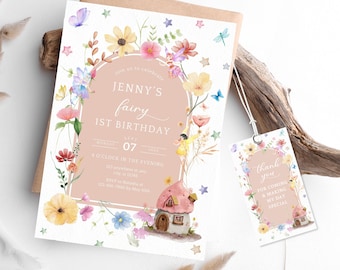 Fee Erste Geburtstagseinladung Vorlage, Blush Wildblume, Gartenparty einladen (Digitaler Download)