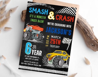 May include: A black and white chalkboard style invitation for a 6th birthday party. The invitation features a monster truck with a red, yellow, and blue color scheme. The text on the invitation reads "Smash & Crash It's a Monster Truck Bash! We're crashing into Jackson's 6th Year March 25th Thursday 5:00 PM AT 123 Anywhere St., Any City, ST 12345 R.S.V.P to Alisa at: 123-456-7890 by March 2nd".