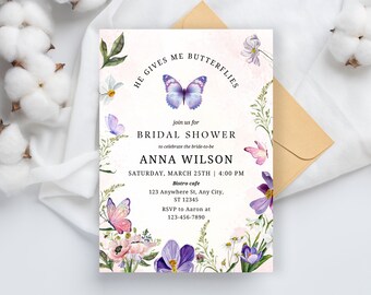 May include: A bridal shower invitation with a pink and white floral design. The invitation features butterflies, flowers, and the text "HE GIVES ME BUTTERFLIES", "BRIDAL SHOWER", "ANNA WILSON", "SATURDAY, MARCH 25TH | 4:00 PM", "Bistro cafe", "123 Anywhere St, Any City, ST 12345", "RSVP to Aaron at 123-456-7890".