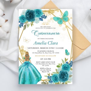 Editable Quinceanera Invitation Template, Blue And Gold Quinceanera Invite, Wildflower Sweet 16 Birthday Invite, Mis Quince Anos