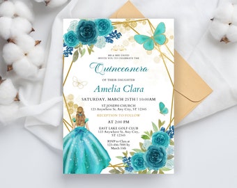 May include: A Quinceanera invitation with a gold geometric frame, teal blue flowers, butterflies, and a watercolor illustration of a girl in a blue dress. The text reads "MR & MRS DAVID INVITE YOU TO CELEBRATE THE QUINCEANERA OF THEIR DAUGHTER AMELIA CLARA SATURDAY, MARCH 25TH | 10:00AM ST. JOSEPH CHURCH 123 Anywhere St. Any City, ST 12345 RECEPTION TO FOLLOW AT 2:00 PM EAST LAKE GOLF CLUB 123 Anywhere St. Any City, ST 12345 RSVP to Clara at 123-456-7890 by March 10th"