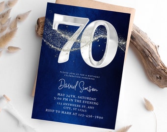 May include: Blue and silver birthday invitation with the number 70 in large, bold, silver lettering. The text reads "Please join us for a birthday celebration honoring David Simson. May 24th, Saturday 5:00 PM in the evening. 123 Anywhere St, Any City, ST 12345. RSVP to Mark at 123-456-7890."