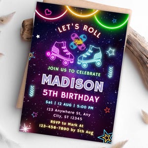 Skate Birthday Invitation Template, Skate Party Birthday Invite, Roller Skating, Retro Neon Lights, Editable Skate Birthday Invitation
