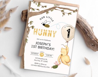 くまのプーさん 1歳の誕生日招待状テンプレート（デジタルダウンロード）