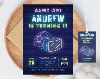 VR Geburtstagseinladung, Gamer Boy, Neon Design (Digitaler Download)