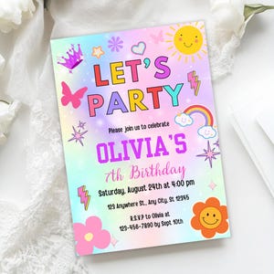 lets party 7th birthday template invite Any Age Birthday evite Printable Editable Invitation 7th Birthday Invite Rainbow Birthday Invitation