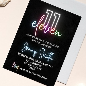 Editable Neon Birthday Invitation, Pink Birthday Invitation, 11th Birthday Invitation, 11 Year Old Girl Birthday, Instant Download