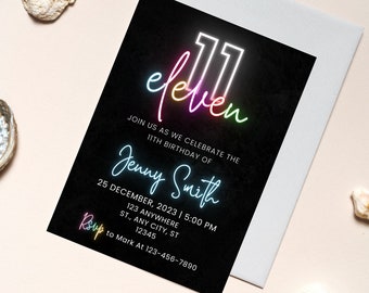 Editable Neon 11th Birthday Invitation, Pink Design (Digital Download)