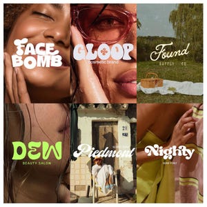 Può includere: Un collage di sei immagini con vari stili tipografici ed elementi di branding. Il testo include FACE BOMB, GLOOP cosmetic brand, Found SUPPLY CO., DEW BEAUTY SALON, Piedmont SCRIPT FONT e Nighty SERIF FONT sovrapposti a diverse immagini lifestyle.