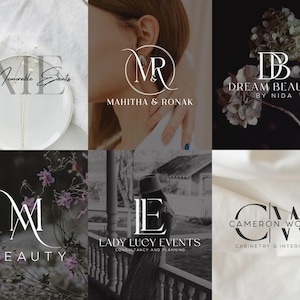 Könnte beinhalten: Eine Sammlung von sechs verschiedenen Logodesigns mit eleganter Typografie und Monogrammen. Die Logos umfassen Memorable Events, Mahitha & Ronak, Dream Beauty by Nida, M Beauty, Lady Lucy Events Consultancy and Planning sowie Cameron Wood Cabinetry & Interiors.
