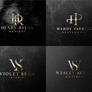 May include: Four black and gold logo designs with text below each. The first logo is "HR" with the text "HENRY RYLAN ADVISOR". The second logo is "HP" with the text "HARDY PATRICK RESTAURANT". The third logo is "VS" with the text "VIOLET SEAN INTERIOR". The fourth logo is "WS" with the text "WESLEY SCOTT ADVISOR".
