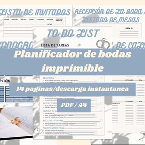 May include: A printable wedding planner with a blue and white color scheme. The planner includes sections for guest list, seating chart, to-do list, and budget. The cover features a wedding ring design and the text "Planificador de bodas imprimible".