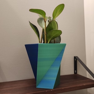 May include: A green and blue geometric planter with a leafy plant inside, sitting on a wooden shelf.
