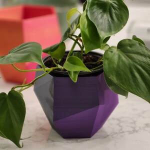 May include: A geometric, multi-faceted planter in shades of purple and grey, holding a green leafy plant. Another planter, with a gradient of orange to pink, is slightly out of focus in the background. The planters are modern and decorative.