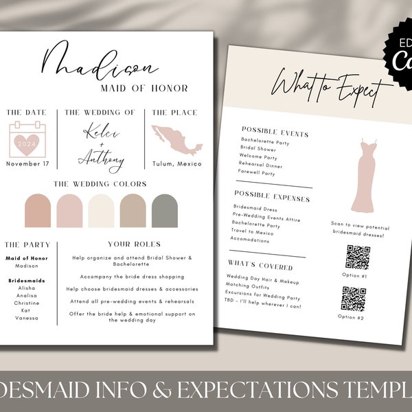 Bridesmaid Info Card Template | Bridesmaid Proposal Card | Bridesmaid Expectations | Bridal Party Info Card | Customizable in Canva