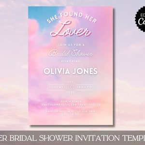 May include: A bridal shower invitation template with a soft, watercolor-style background in shades of pink, blue, and peach. The text reads "She Found Her Lover" and invites guests to celebrate Olivia Jones. Includes date, time, and location details.
