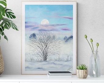 Snowy Winter Landscape Painting - Full Moon Print - Winter Art Print - Nature Scene Wall Art, Giclée Art Print, Moody Wall Art