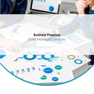 May include: Image of a business proposal with the title "Business Proposal Data Managed Services." The image shows a laptop displaying charts and graphs, along with printed documents featuring circular diagrams and bar graphs. People are visible in the background.