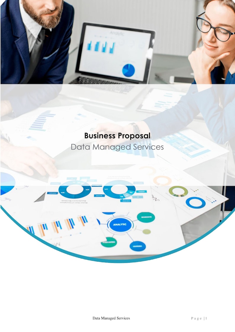 May include: Image of a business proposal with the title "Business Proposal Data Managed Services." The image shows a laptop displaying charts and graphs, along with printed documents featuring circular diagrams and bar graphs. People are visible in the background.