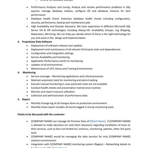 May include: A document page titled "Data Managed Services" with bullet points detailing database backup, performance analysis, proprietary software, monitoring, and reporting services. Text includes "Client Name" and "Company Name".