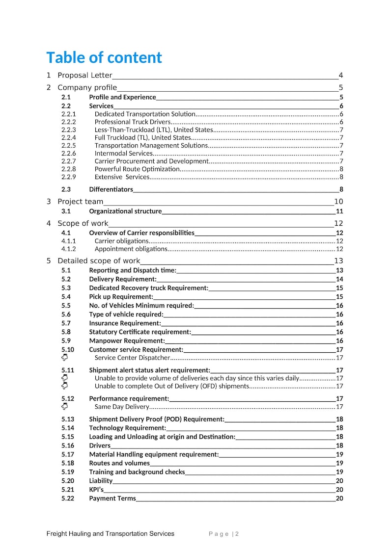 Example Freight Rfp Freight Hauling and Transportation Services Proposal Template - Etsy