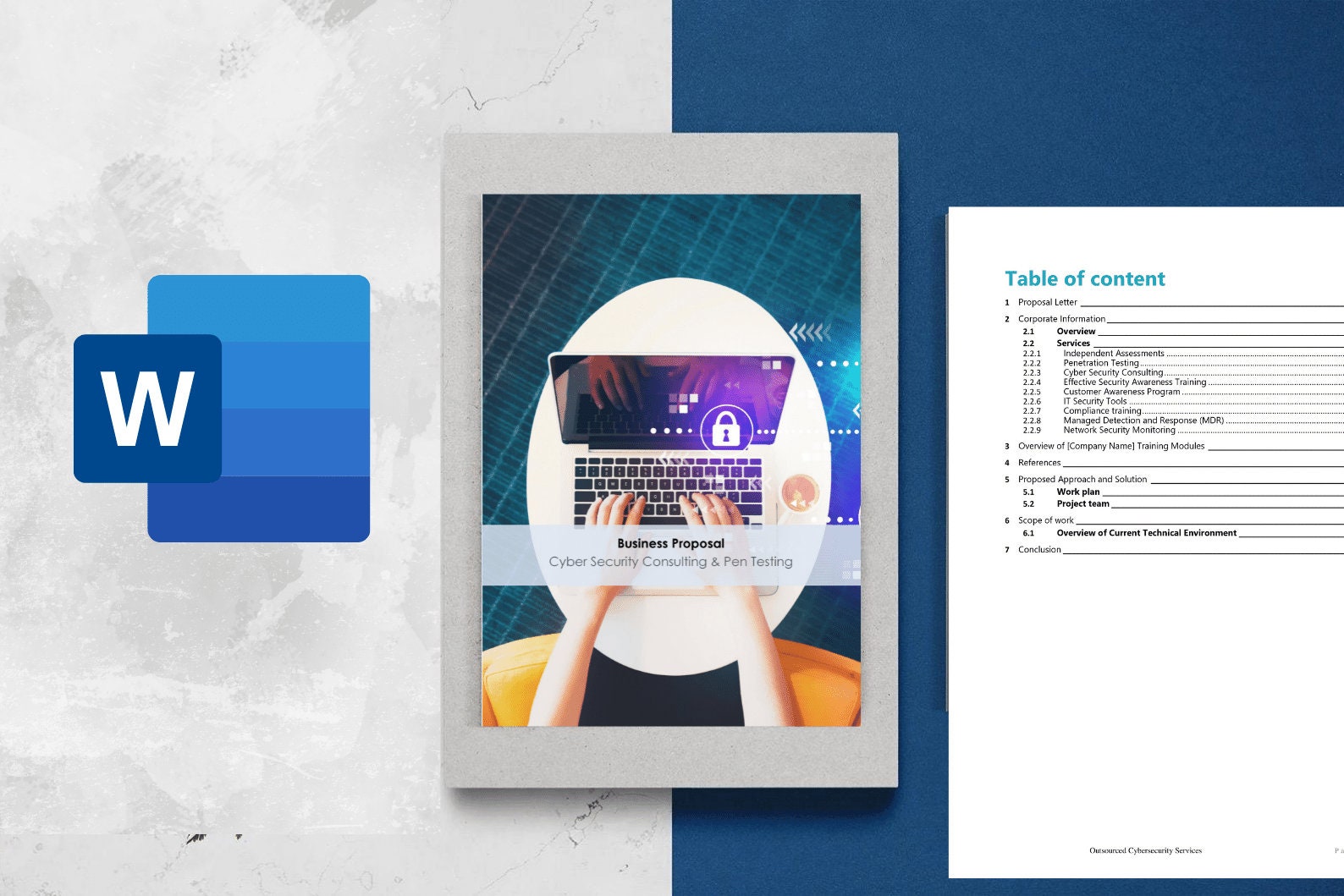 Cyber security consulting and penetration testing proposal document layout with service and scope sections
